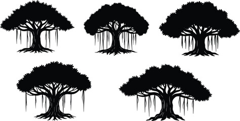 Banyan tree silhouette vector set, aerial root design, wide canopy foliage, black botanical icons, nature graphic for art projects