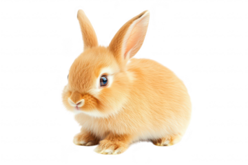 A fluffy. light orange rabbit sits gracefully on a pristine white background. its soft fur and expressive eyes. ideal for pet-related content or childrens educational materials