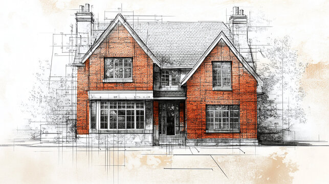 A detailed architectural blueprint of a brick house, with intricate measurements, windows, and door frames drawn alongside the brick layout, showing the design process.
