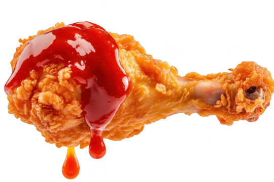 A crispy fried chicken drumstick drizzled with red sauce. its golden-brown coating. set against a clean white background. ideal for culinary promotions or food photography