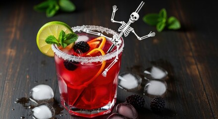 Refreshing red cocktail with lime and mint garnish served in a glass with ice cubes