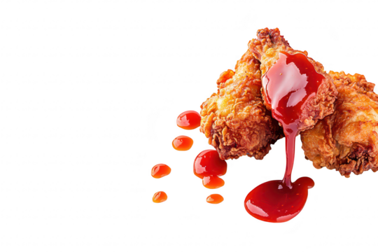 Crispy fried chicken pieces with rich red sauce dripping down. placed on a clean white background. highlighting the delicious texture and flavor for culinary promotions or food blogs