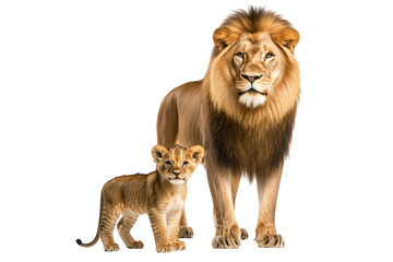 A majestic lion stands proudly beside its playful cub. the bond between parent and child in a serene. white background. ideal for wildlife and family-themed imagery