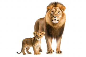 A majestic lion stands proudly beside its playful cub. the bond between parent and child in a serene. white background. ideal for wildlife and family-themed imagery