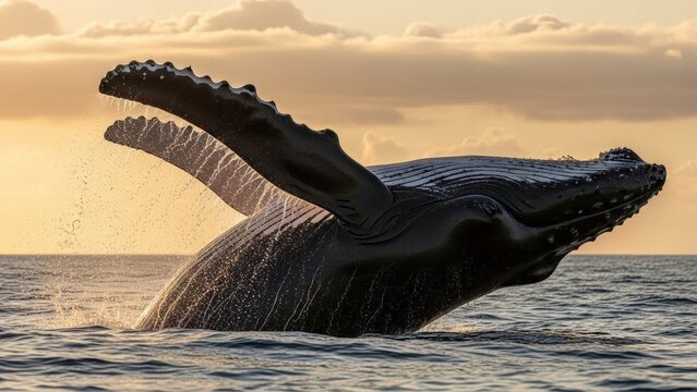 Powerful humpback whale leaps high from calm ocean water at golden sunset creating a majestic splash