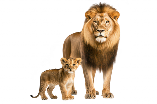 A majestic lion stands proudly beside its playful cub. the bond between parent and child in a serene. white background. ideal for wildlife and family-themed imagery