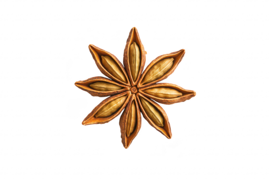 A close-up view of a star anise spice. its unique star-shaped structure with pointed tips and seed pods. set against a clean white background. ideal for culinary and botanical use