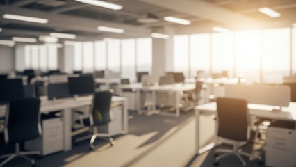 Bright blurred modern office interior with warm sunlight streaming through large windows an empty corporate workplace