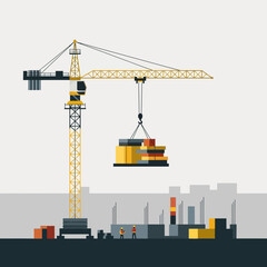 A large yellow construction crane precisely lifts a modular building section into place on an urban job site, illustrated in a clean, modern flat design style.