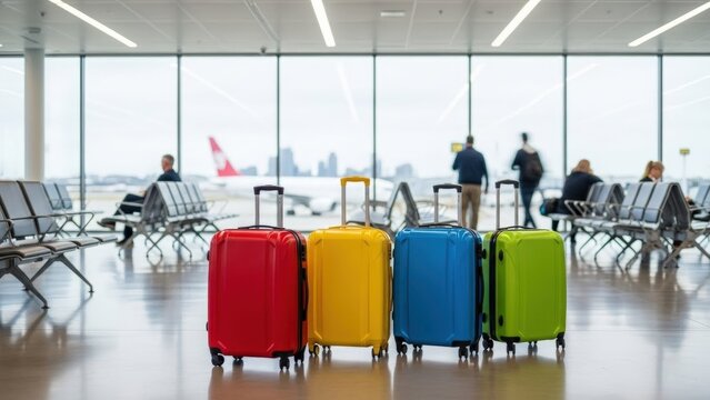 Vibrant colorful suitcases waiting in a modern airport terminal representing exciting travel adventures and global journeys