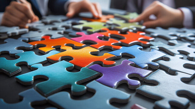 A digital puzzle on a tablet screen showing the pieces of a business plan slowly coming together, with business people in the background discussing the next move in their strategy. - Powered by Adobe