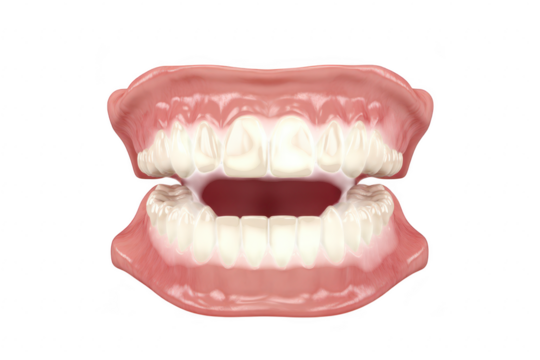 A detailed 3D rendering of an open human mouth a full set of teeth. with a focus on dental anatomy. highlighting oral health and hygiene. suitable for educational and medical purposes