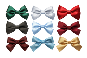 Nine satin ribbon bows in various colors arranged in a grid silk fabric, Isolated On Transparent Background, Png