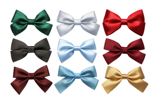 Nine satin ribbon bows in various colors arranged in a grid silk fabric, Isolated On Transparent Background, Png