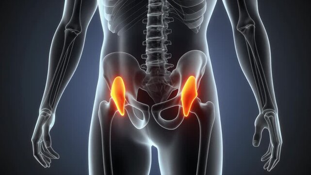 Human pelvis anatomy with highlighted ilium bones in x-ray view