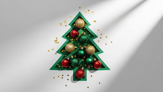 Christmas tree shaped decoration filled with colorful baubles isolated on white background perfect for holiday designs