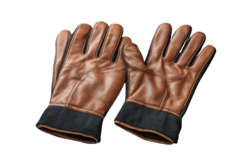 Pair of brown leather work gloves with black cuffs on black background image, Isolated On Transparent Background, Png
