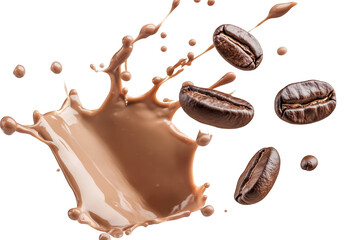 A dynamic splash of rich chocolate milk with coffee beans artistically flying above. capturing the essence of indulgence and freshness. ideal for food and beverage marketing