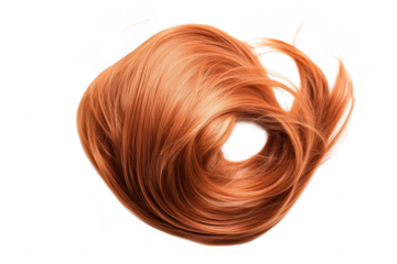 A swirl of orange hair strands elegantly arranged on a white background. its silky texture and movement. perfect for beauty and fashion imagery