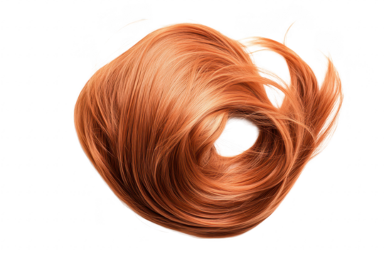 A swirl of orange hair strands elegantly arranged on a white background. its silky texture and movement. perfect for beauty and fashion imagery