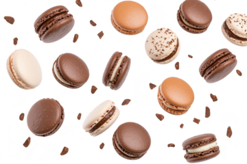 A delightful assortment of chocolate and cream macarons elegantly scattered on a white background. their rich textures and colors. perfect for dessert promotions or culinary articles