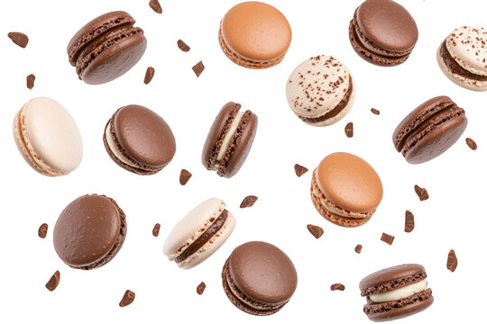 A delightful assortment of chocolate and cream macarons elegantly scattered on a white background. their rich textures and colors. perfect for dessert promotions or culinary articles