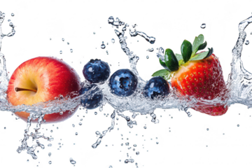 A splash of fresh fruits including an apple. strawberries. and blueberries. dramatically captured in mid-air with water droplets. perfect for health and nutrition themes