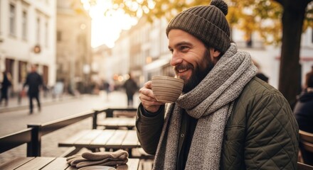 Man enjoying a hot drink at an outdoor caf on a chilly autumn day with a scarf and beanie