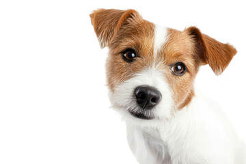 A curious dog with a playful expression. looking directly at the camera against a clean white background. capturing the essence of companionship and joy. ideal for pet-related content