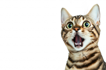 A surprised Bengal cat with wide eyes and an open mouth. set against a clean white background. capturing a moment of curiosity or excitement. ideal for pet-themed content