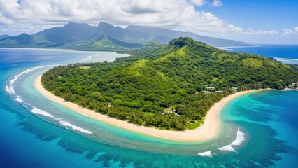 Stunning aerial view of a secluded tropical paradise island featuring lush green mountains and pristine beach
