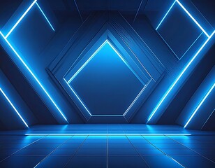 Futuristic, geometric room with blue lighting accents and diamond shape
