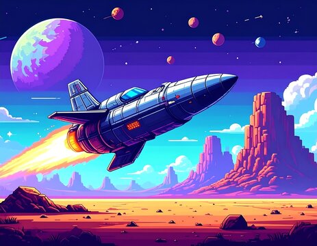Futuristic spacecraft soaring past colorful planets and desert formations