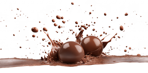 A dynamic splash of rich chocolate with two glossy chocolate spheres at the center. surrounded by droplets and splashes. creating a visually appealing and enticing scene perfect for dessert promotions