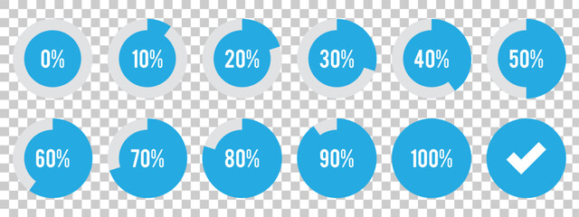 Circle loading, circle progress with percentage. Set of circle percentage diagrams for infographics, set of percentage infographic chart - 0 10 20 30 40 50 60 70 80 90 100. Vector infographic set. 