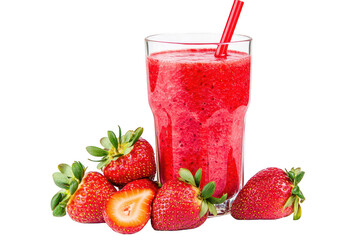 A strawberry smoothie in a clear glass with two red straws. surrounded by fresh strawberries. set against a clean white background. perfect for health and wellness promotions
