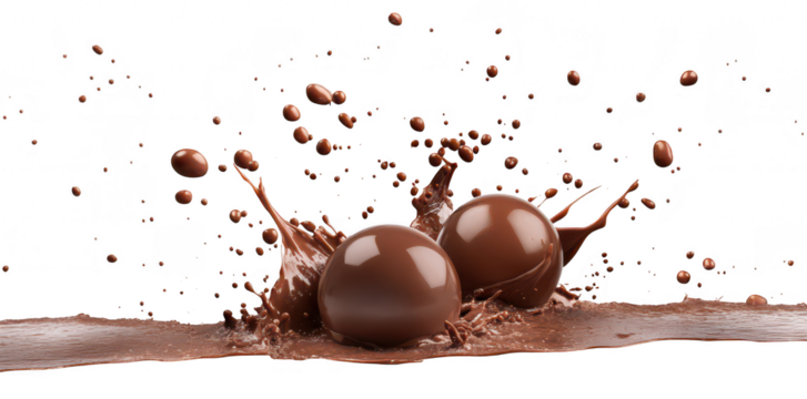 A dynamic splash of rich chocolate with two glossy chocolate spheres at the center. surrounded by droplets and splashes. creating a visually appealing and enticing scene perfect for dessert promotions