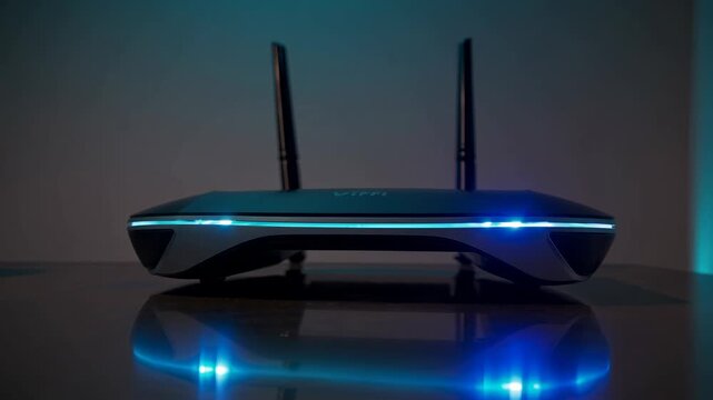 Low-angle shot of a sleek, modern Wi-Fi router with glowing LED lights, set against a dim background, ideal for tech video content.