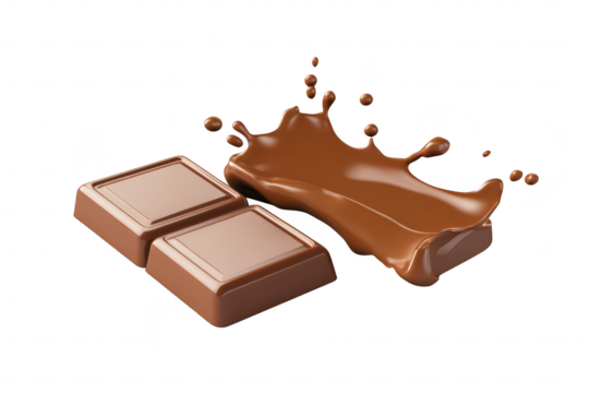 A dynamic composition featuring two pieces of chocolate bar next to a splash of melted chocolate. set against a clean white background. ideal for culinary or dessert-themed visuals