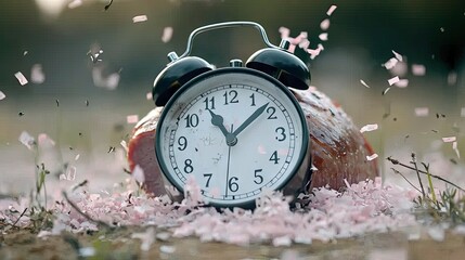 An alarm clock rests on a piece of meat, surrounded by pink confetti and grass. The scene is outdoors with soft, diffused lighting.