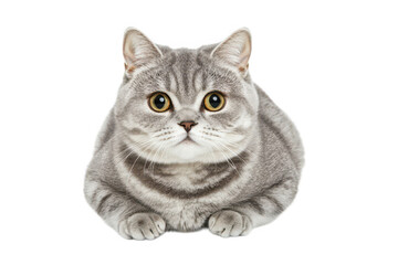 A close-up view of an adorable silver tabby cat with large expressive eyes. lying on a white background. its soft fur and curious expression. ideal for pet-themed content