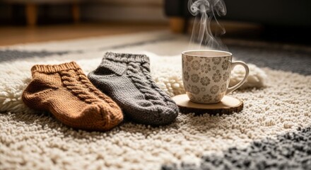 Cozy scene of a steaming cup of tea next to a pair of knitted socks on a soft carpet