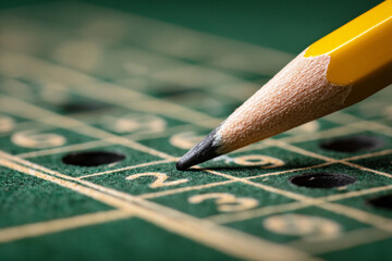 Close-up of a yellow pencil writing on a green game board with numbers and holes