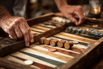 Hands engage in a game of backgammon at a cozy setting with natural wooden elements and warm lighting