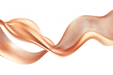 A flowing wave of soft. translucent fabric in warm copper tones gracefully undulates across a bright white background. creating a serene and elegant atmosphere suitable for various design projects