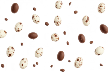 A visually appealing arrangement of chocolate eggs and coffee beans scattered on a white background. perfect for Easter-themed promotions or dessert recipes