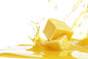 Two cubes of butter splashing into a pool of melted butter. creating dynamic droplets against a clean white background. ideal for culinary or food-related content