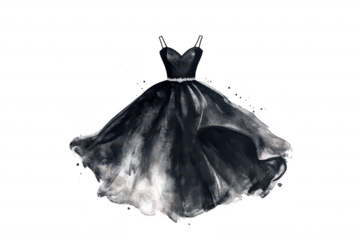 Elegant black evening gown with flowing skirt and delicate straps. set against a soft watercolor background. perfect for fashion-related content and editorial use