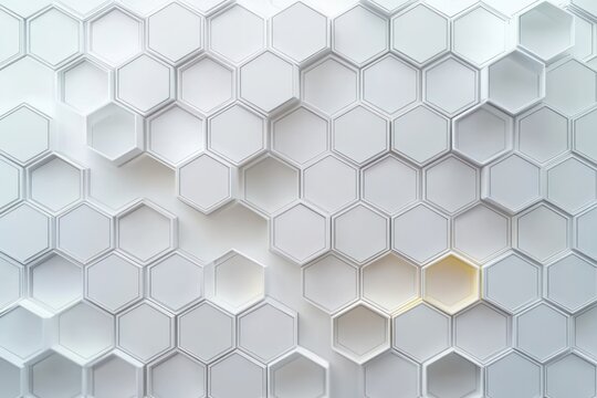 Abstract geometric pattern with raised and recessed white hexagons creating a three-dimensional honeycomb effect with subtle shadows and light accents