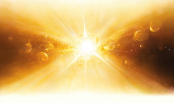 Bright radiant explosion with glowing debris and intense light beams spreading outward in a dynamic cosmic scene - Powered by Adobe